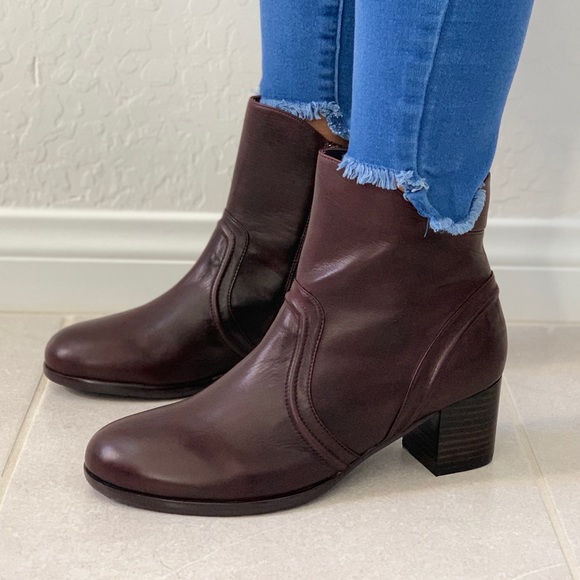 Red Wine Leather Chunky Heeled Combat Moto Boots - Picture 6 of 7